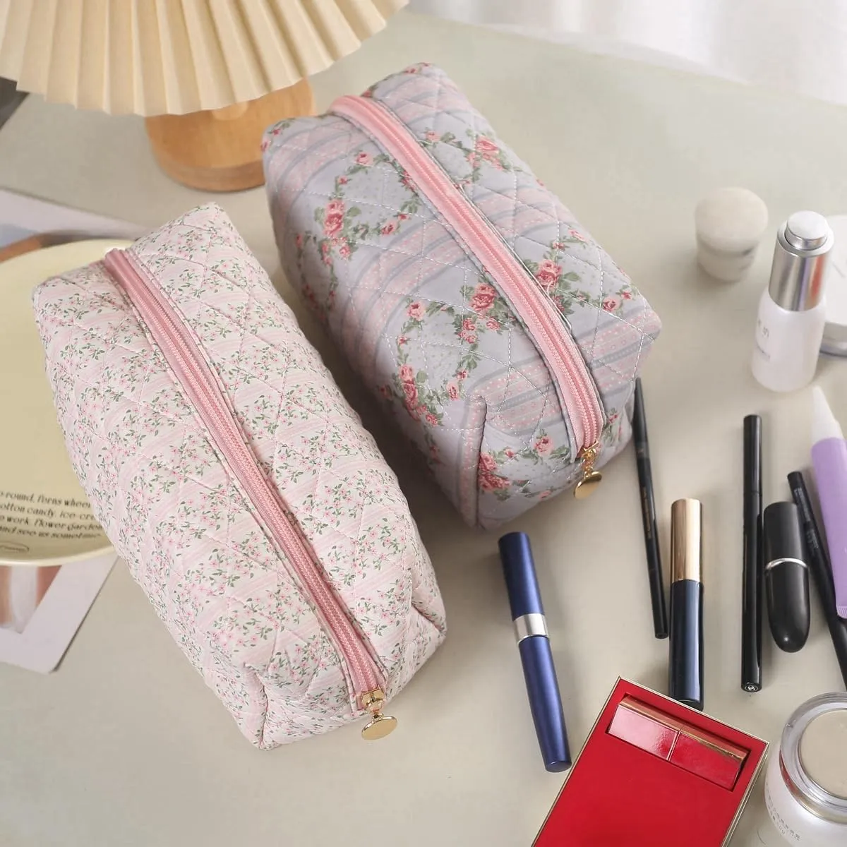 Gleyemor 2 Pieces Quilted Makeup Bag, Cute Floral Cosmetic Bag for Women, Cotton Make Up Bag Set, Flower Travel Toiletry Bag Tote Bag Organizer (Pink Floral  Blue Floral)
