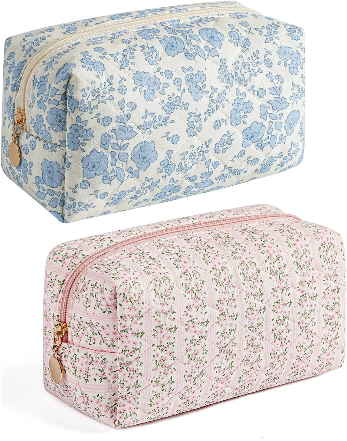 Gleyemor 2 Pieces Quilted Makeup Bag, Cute Floral Cosmetic Bag for Women, Cotton Make Up Bag Set, Flower Travel Toiletry Bag Tote Bag Organizer (Pink Floral  Blue Floral)