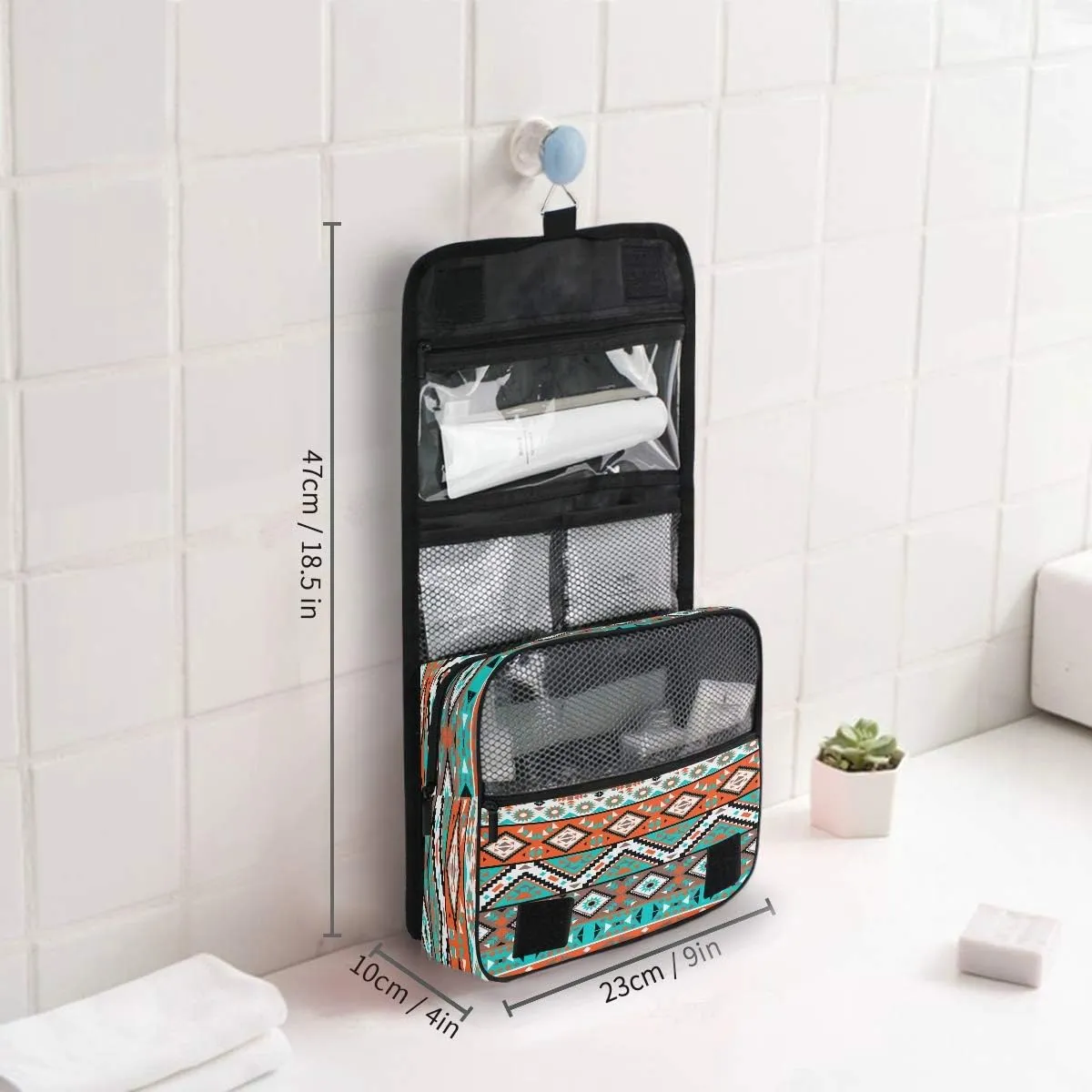 Hanging Toiletry Bag Ethnic Aztec Geometric Portable Travel Cosmetic Makeup Bag Bathroom Shower Shaving Kit Organizer Bag for Men Women