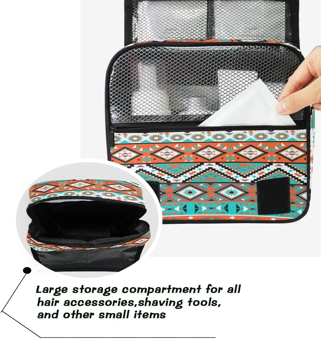 Hanging Toiletry Bag Ethnic Aztec Geometric Portable Travel Cosmetic Makeup Bag Bathroom Shower Shaving Kit Organizer Bag for Men Women