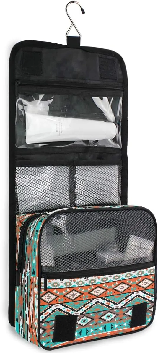 Hanging Toiletry Bag Ethnic Aztec Geometric Portable Travel Cosmetic Makeup Bag Bathroom Shower Shaving Kit Organizer Bag for Men Women
