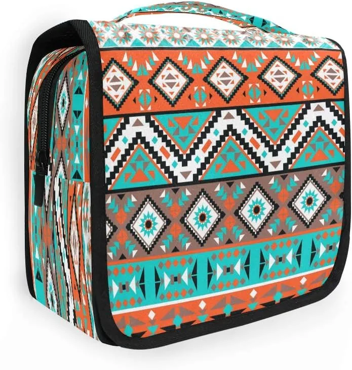 Hanging Toiletry Bag Ethnic Aztec Geometric Portable Travel Cosmetic Makeup Bag Bathroom Shower Shaving Kit Organizer Bag for Men Women