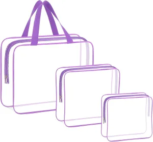 HAOGUAGUA 3 Pieces Large Clear Travel Bags for Toiletries, Waterproof Clear Plastic Cosmetic Makeup Bags, Transparent Packing Organizer Storage Bags (Purple)