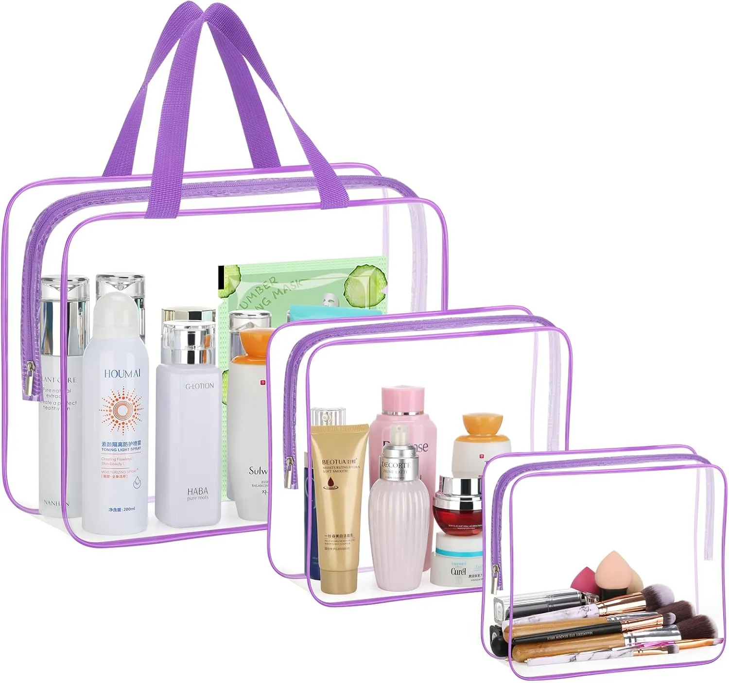 HAOGUAGUA 3 Pieces Large Clear Travel Bags for Toiletries, Waterproof Clear Plastic Cosmetic Makeup Bags, Transparent Packing Organizer Storage Bags (Purple)