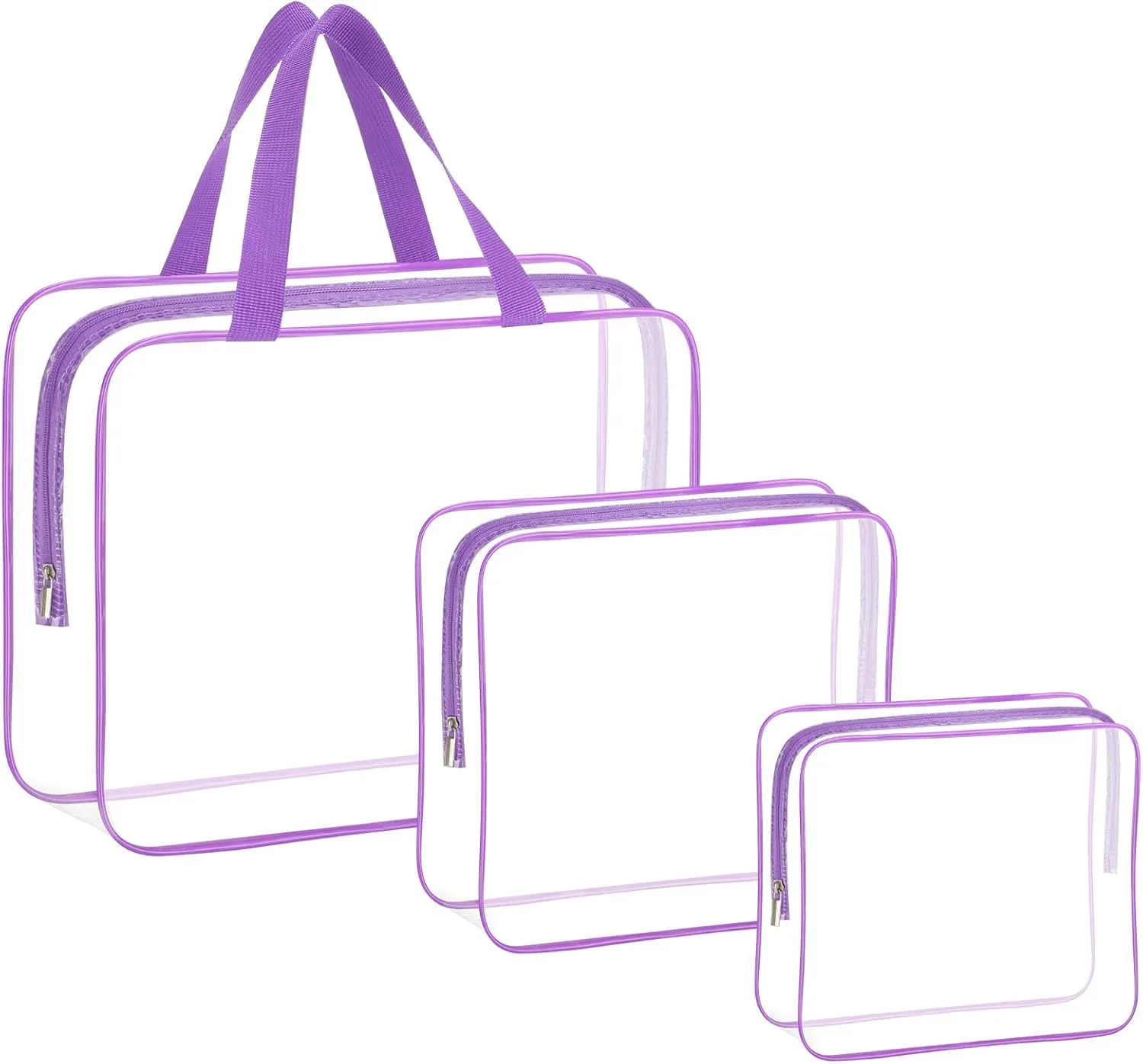 HAOGUAGUA 3 Pieces Large Clear Travel Bags for Toiletries, Waterproof Clear Plastic Cosmetic Makeup Bags, Transparent Packing Organizer Storage Bags (Purple)