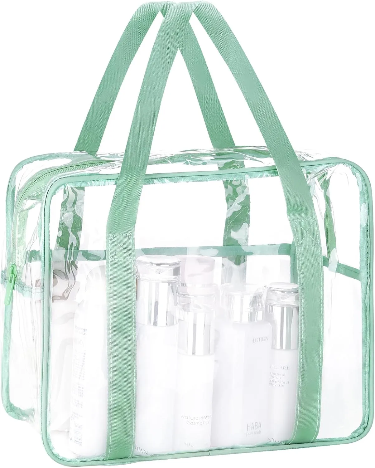 HAOGUAGUA Extra Large Clear Cosmetic Makeup Bag, Transparent PVC Tote Shoulder Bag Stadium Approved, Waterproof Clear Toiletry Carry Pouch Makeup Artist Bag Diaper Bag (Green)