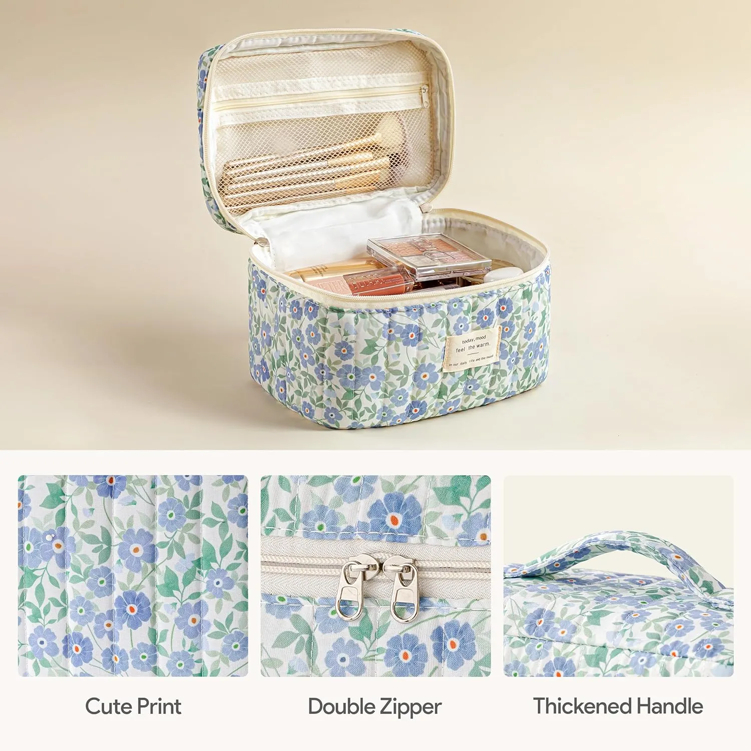HBselect Quilted Makeup Bag, 3PCS Cotton Large Travel Makeup Bag, Cute Floral Coquette Make up Bag Cosmetic Bag Toiletry Bag for Women Girls