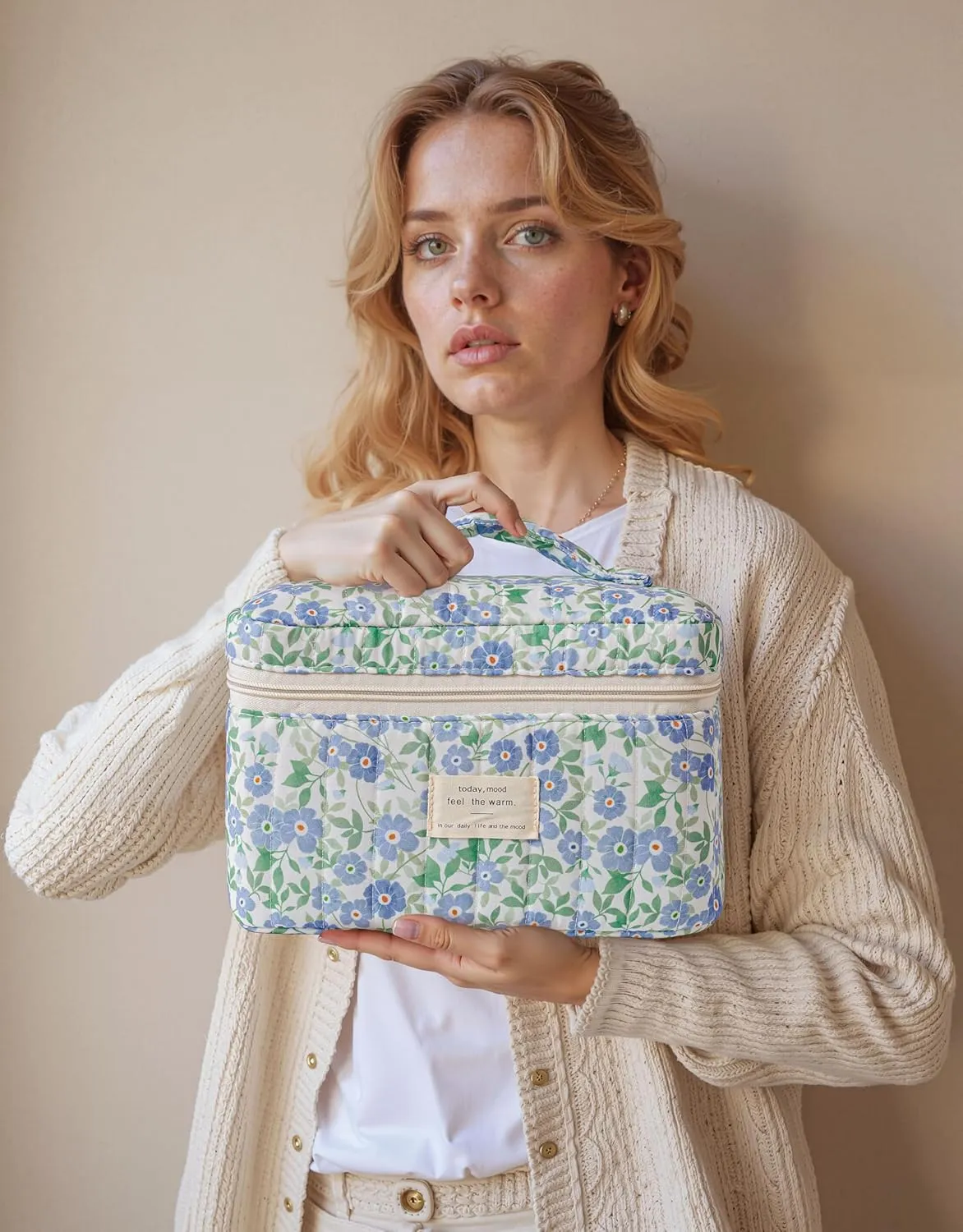 HBselect Quilted Makeup Bag, 3PCS Cotton Large Travel Makeup Bag, Cute Floral Coquette Make up Bag Cosmetic Bag Toiletry Bag for Women Girls