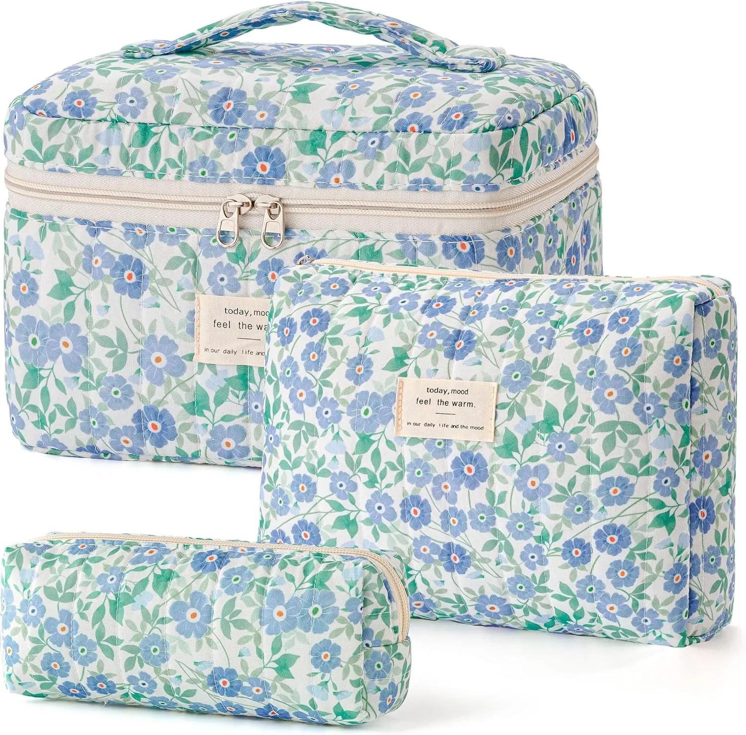 HBselect Quilted Makeup Bag, 3PCS Cotton Large Travel Makeup Bag, Cute Floral Coquette Make up Bag Cosmetic Bag Toiletry Bag for Women Girls