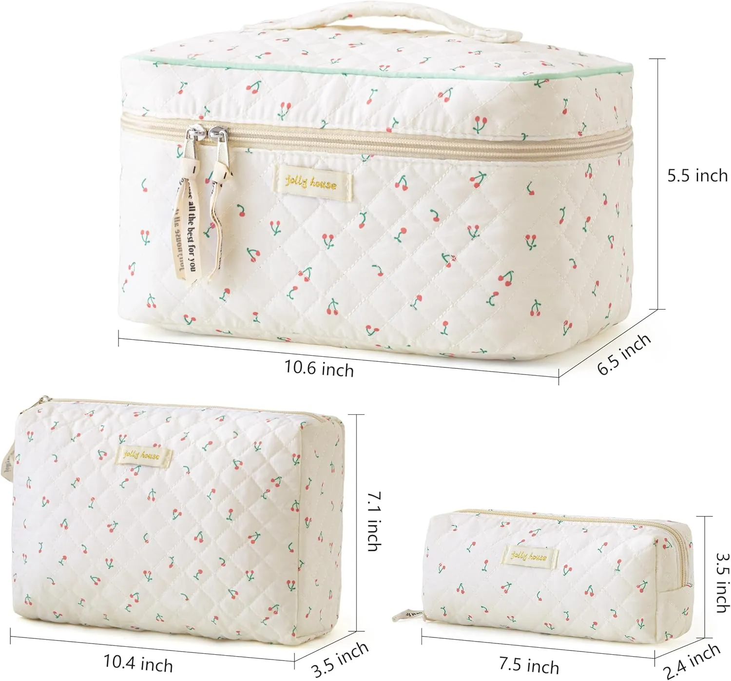 HBselect Quilted Makeup Bag, 3PCS Cotton Large Travel Makeup Bag, Cute Floral Coquette Make up Bag Cosmetic Bag Toiletry Bag for Women Girls