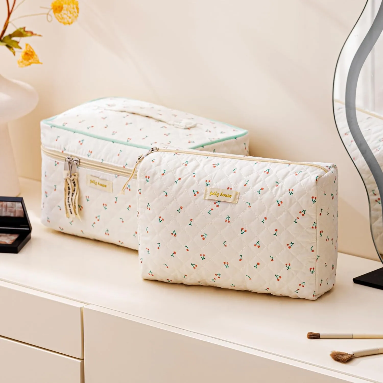 HBselect Quilted Makeup Bag, 3PCS Cotton Large Travel Makeup Bag, Cute Floral Coquette Make up Bag Cosmetic Bag Toiletry Bag for Women Girls