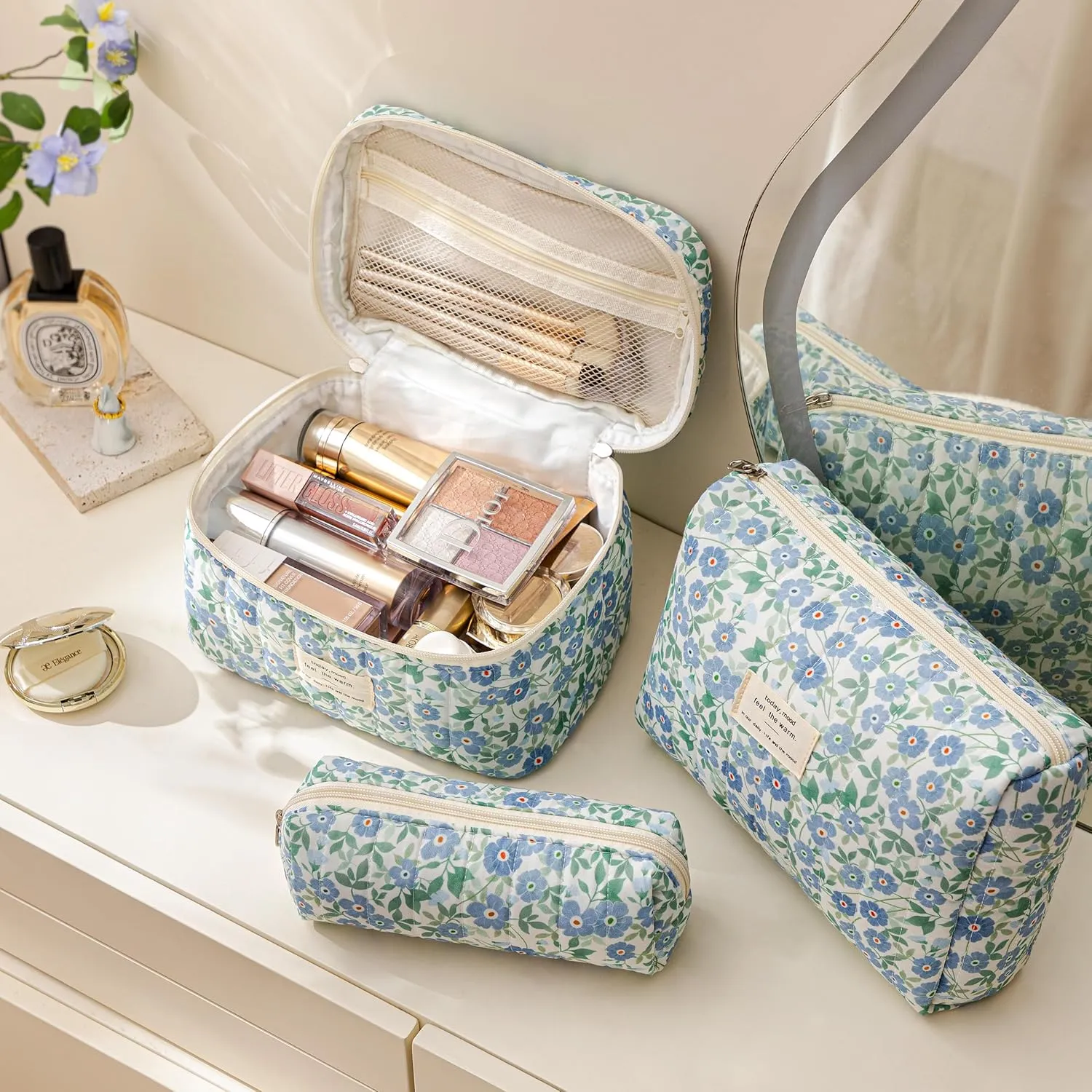 HBselect Quilted Makeup Bag, 3PCS Cotton Large Travel Makeup Bag, Cute Floral Coquette Make up Bag Cosmetic Bag Toiletry Bag for Women Girls