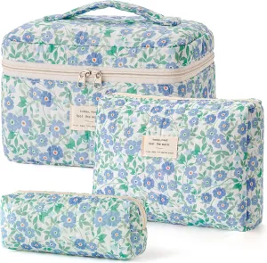 HBselect Quilted Makeup Bag, 3PCS Cotton Large Travel Makeup Bag, Cute Floral Coquette Make up Bag Cosmetic Bag Toiletry Bag for Women Girls