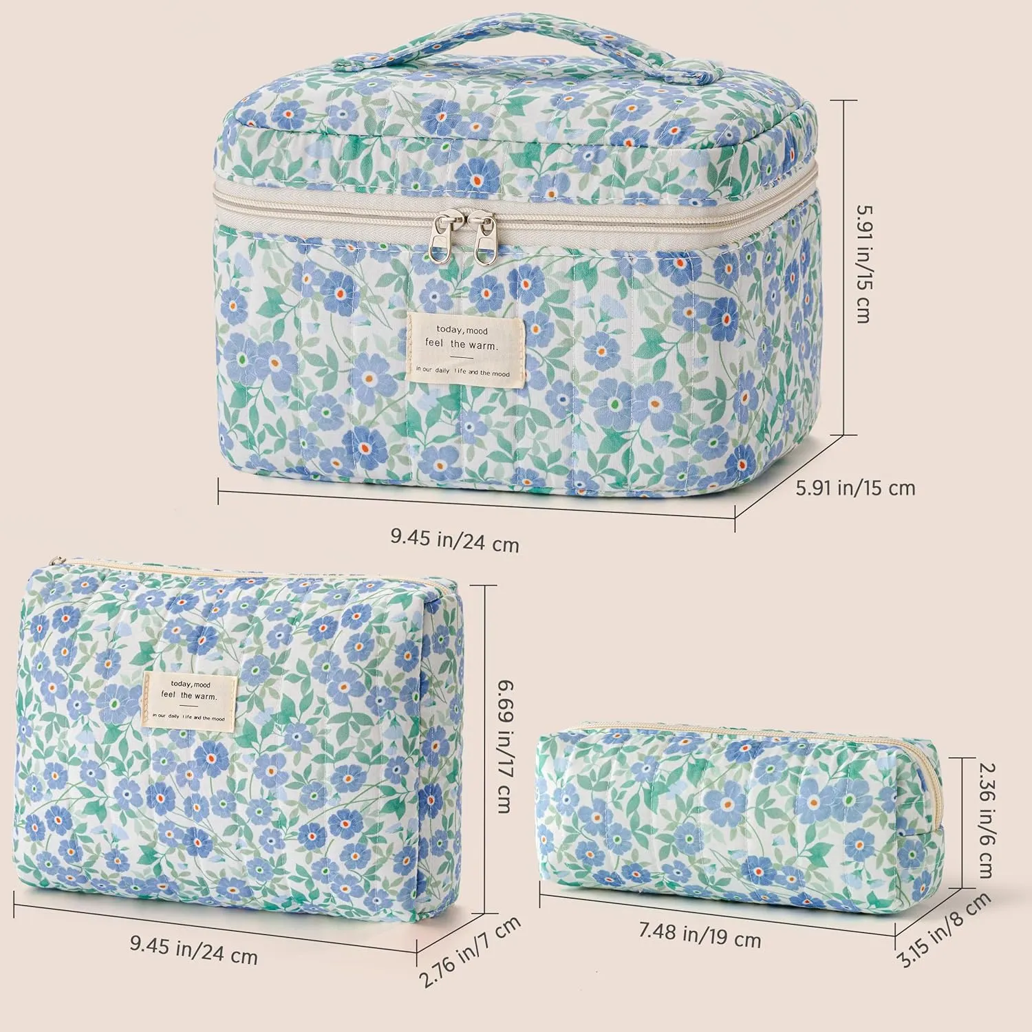 HBselect Quilted Makeup Bag, 3PCS Cotton Large Travel Makeup Bag, Cute Floral Coquette Make up Bag Cosmetic Bag Toiletry Bag for Women Girls