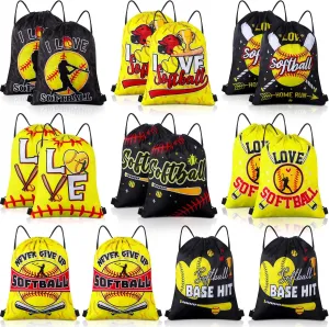 Honoson 16 Pcs Softball Drawstring backpack Softball Goodie Bags Baseball Gift Bags Drawstring Backpack Baseball Party Favors Snack for Sports Team Birthday Party Supplies