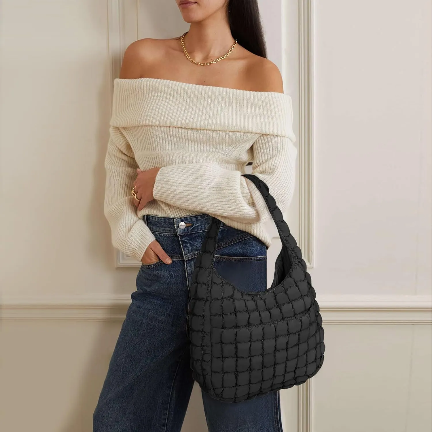 JQWYGB Quilted Tote Bag Large Hobo Bags for Women Puffer Shoulder Bag Quilted Carryall Bag Soft Puffy Padding Handbags