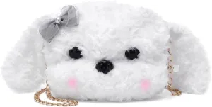 Kawaii Dog Plush Crossbody Bag, Lolita Fashion Anime Plush Messenger Bag, Cute Fluffy Shoulder Bag with Chain Strap for Women (White)