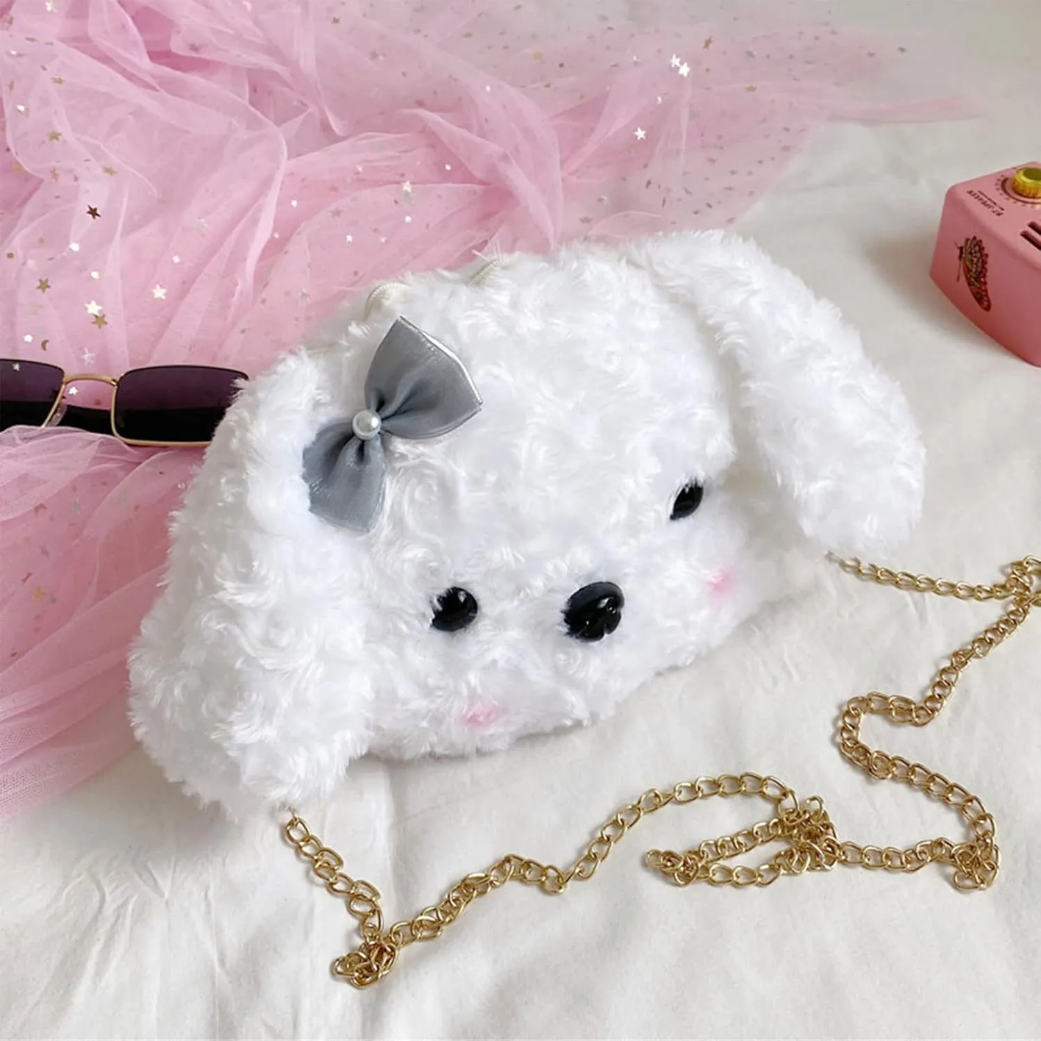 Kawaii Dog Plush Crossbody Bag, Lolita Fashion Anime Plush Messenger Bag, Cute Fluffy Shoulder Bag with Chain Strap for Women (White)