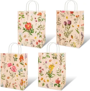 Konsait 16 Pack Floral Gifts Bags, Vintage Style Small Floral Gift Bags with Handle, Kraft Paper Flower Party Favor Bags for Wedding Birthday Bridal Shower Engagement and More