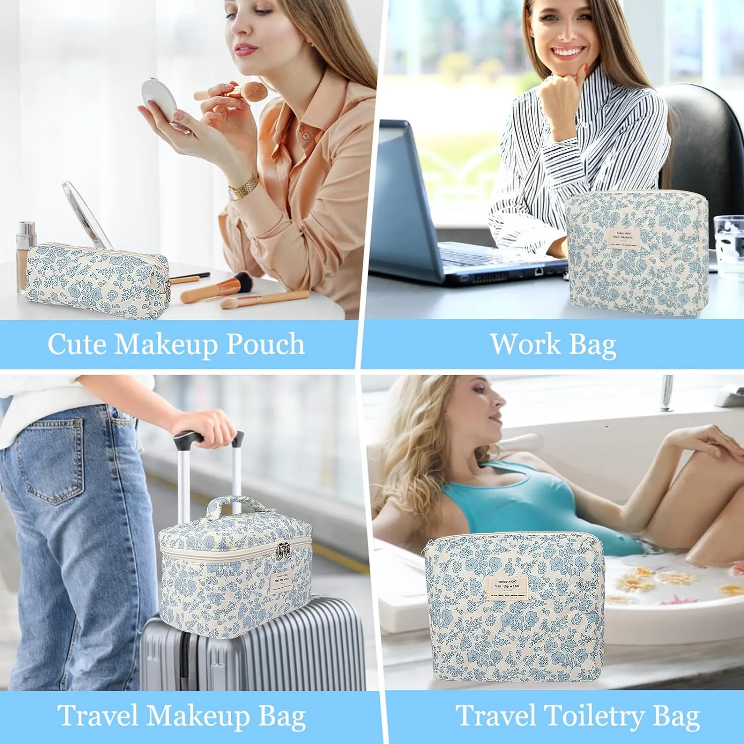 Large Makeup Bag Set, Quilted Makeup Bag, Floral Cosmetic Bag for Women, Cute Cotton Makeup Bags, Flower Travel Toiletry Organizer Bag (white)