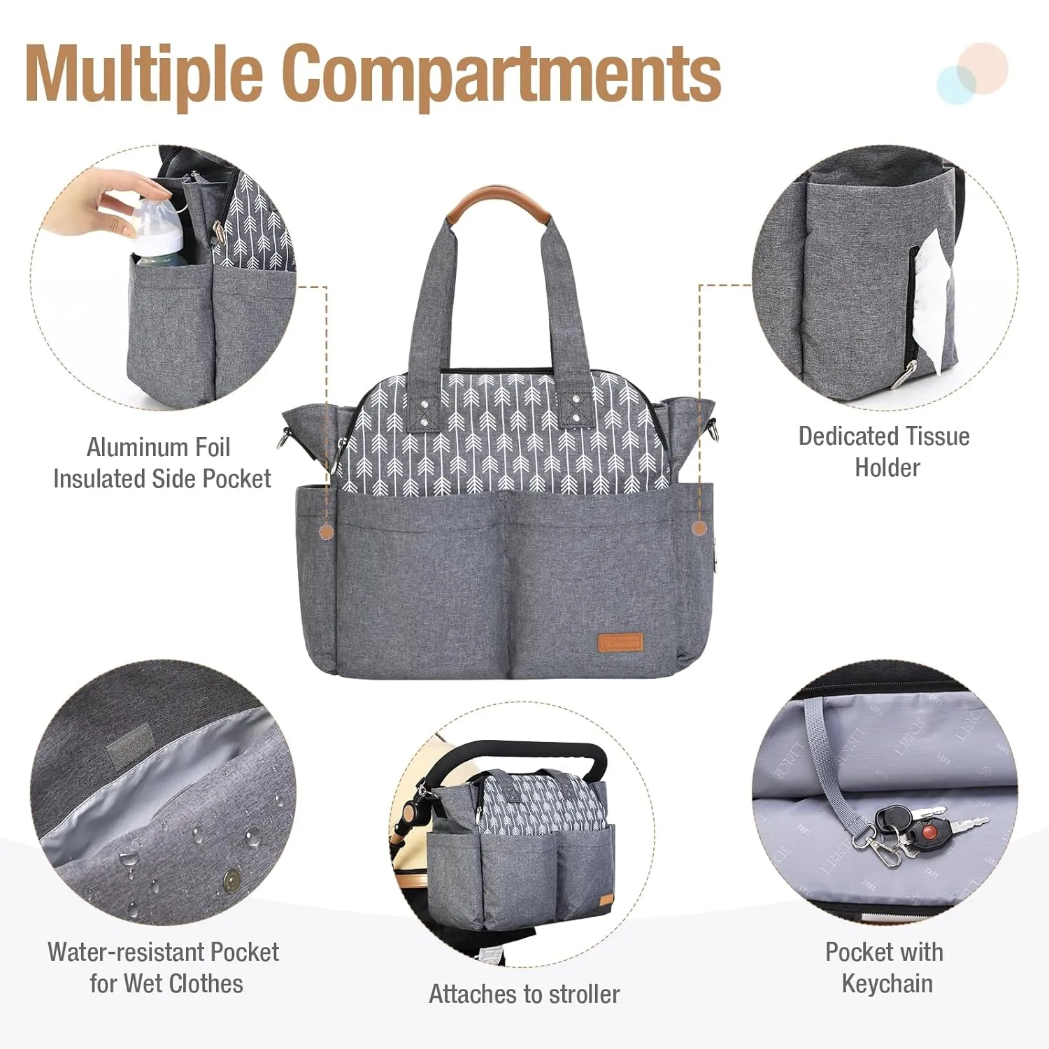 Lekebaby Diaper Bag Tote, Large Diaper Bags Waterproof,Large Mommy Bag for Hospital, Baby Bags for Mom Travel Diaper Tote Messenger Purse,Grey, Arrow Print