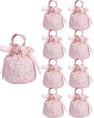 Liobelon 8 Pieces Floral Small Gift Bags with Handles, Drawstring Candy Bag, Tea Party Favor Bags, Floral Thank You Gift Bags for Wedding Birthday Bridal Shower Baby Shower(Pink)