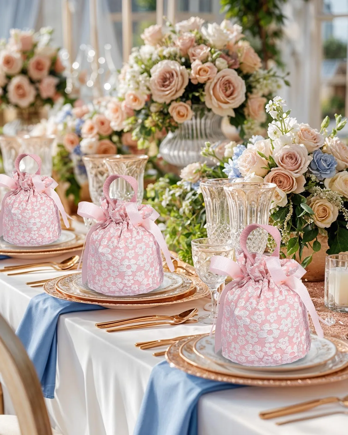 Liobelon 8 Pieces Floral Small Gift Bags with Handles, Drawstring Candy Bag, Tea Party Favor Bags, Floral Thank You Gift Bags for Wedding Birthday Bridal Shower Baby Shower(Pink)