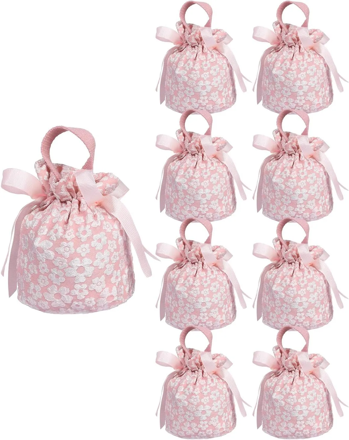 Liobelon 8 Pieces Floral Small Gift Bags with Handles, Drawstring Candy Bag, Tea Party Favor Bags, Floral Thank You Gift Bags for Wedding Birthday Bridal Shower Baby Shower(Pink)