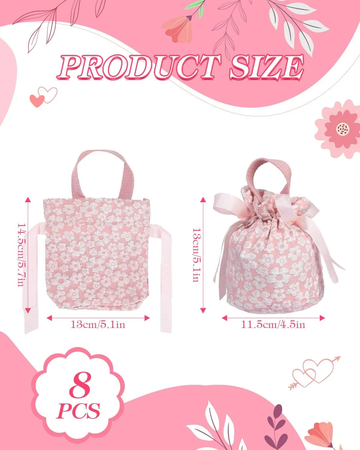 Liobelon 8 Pieces Floral Small Gift Bags with Handles, Drawstring Candy Bag, Tea Party Favor Bags, Floral Thank You Gift Bags for Wedding Birthday Bridal Shower Baby Shower(Pink)