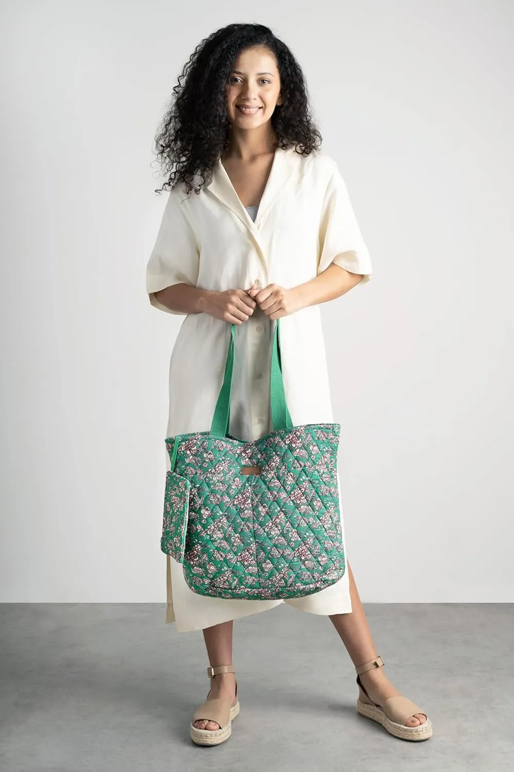 Maison d' Hermine Shopping Bag Cotton Quilted Tote Bag with Zipper Pockets & Small Pouch Grocery Bag for Work Travel Lunch