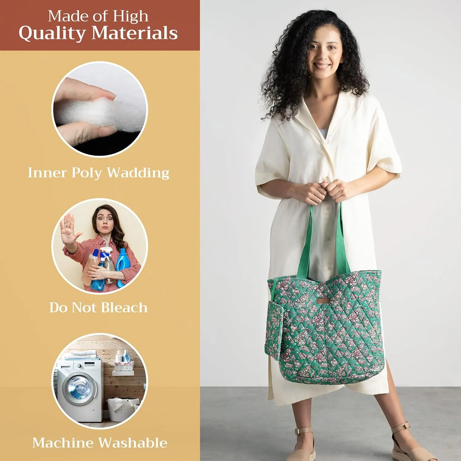 Maison d' Hermine Shopping Bag Cotton Quilted Tote Bag with Zipper Pockets & Small Pouch Grocery Bag for Work Travel Lunch