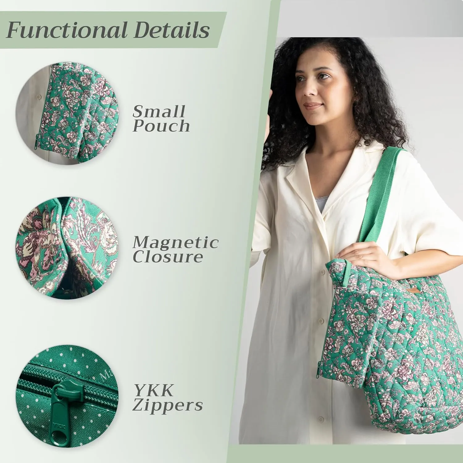 Maison d' Hermine Shopping Bag Cotton Quilted Tote Bag with Zipper Pockets & Small Pouch Grocery Bag for Work Travel Lunch