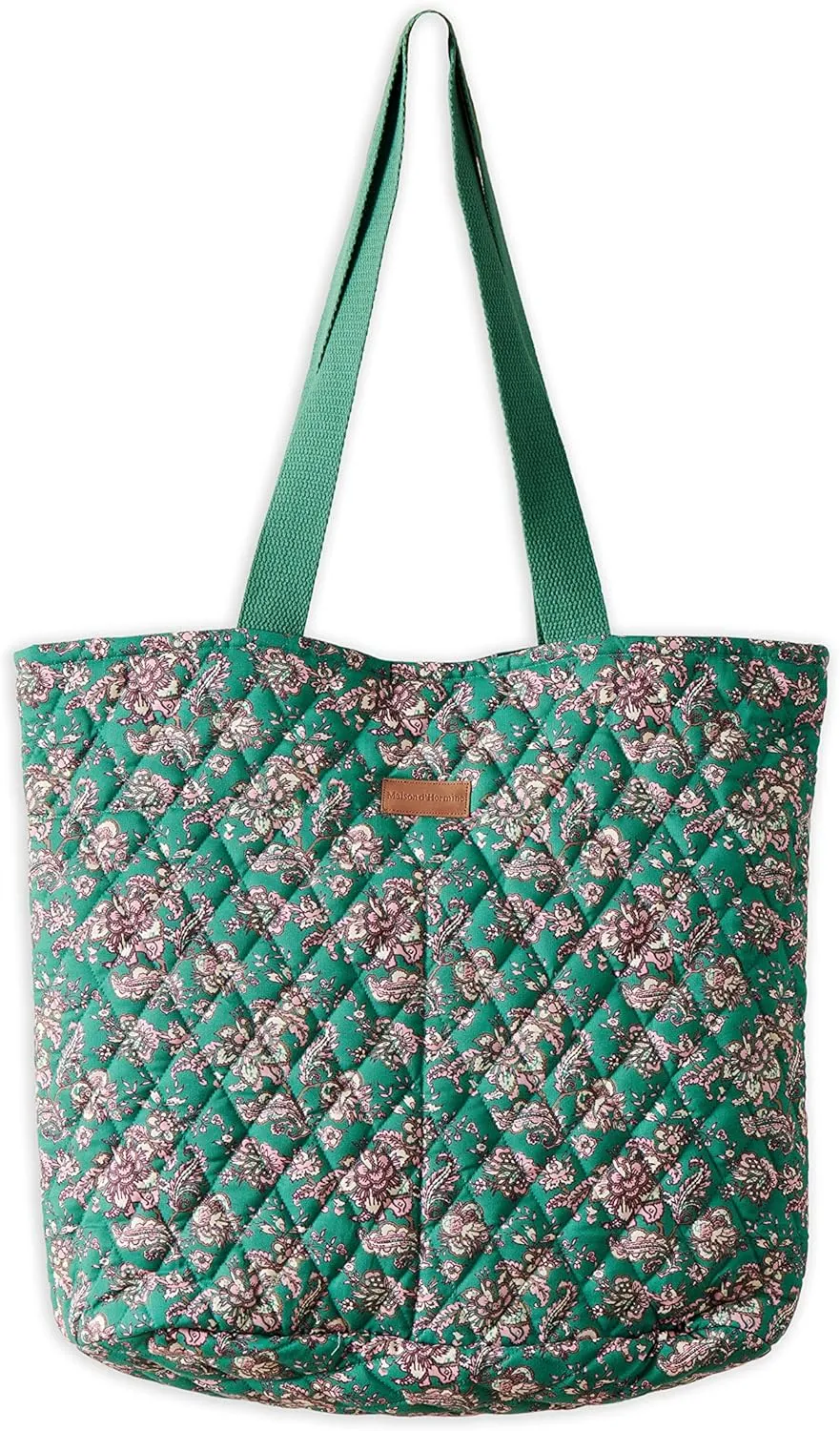 Maison d' Hermine Shopping Bag Cotton Quilted Tote Bag with Zipper Pockets & Small Pouch Grocery Bag for Work Travel Lunch