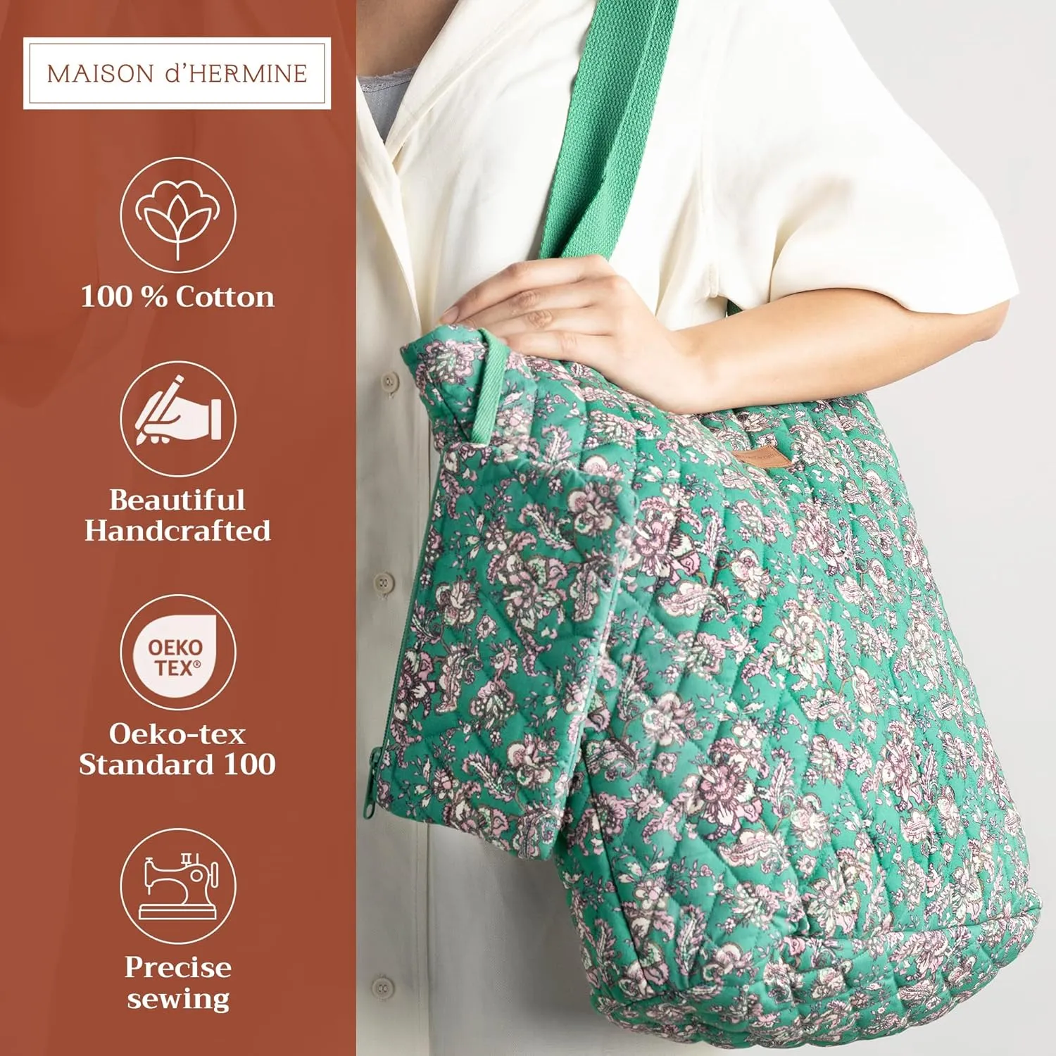 Maison d' Hermine Shopping Bag Cotton Quilted Tote Bag with Zipper Pockets & Small Pouch Grocery Bag for Work Travel Lunch