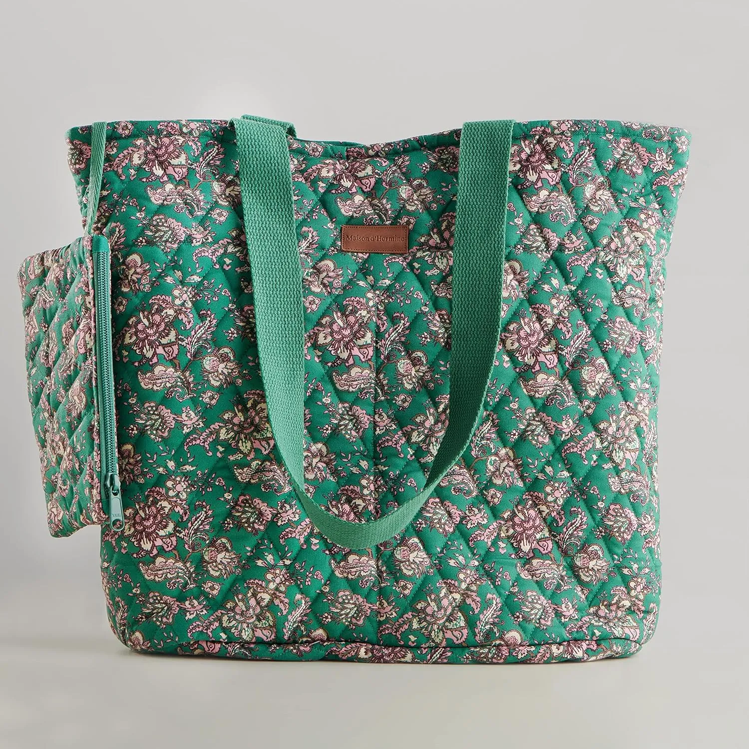 Maison d' Hermine Shopping Bag Cotton Quilted Tote Bag with Zipper Pockets & Small Pouch Grocery Bag for Work Travel Lunch