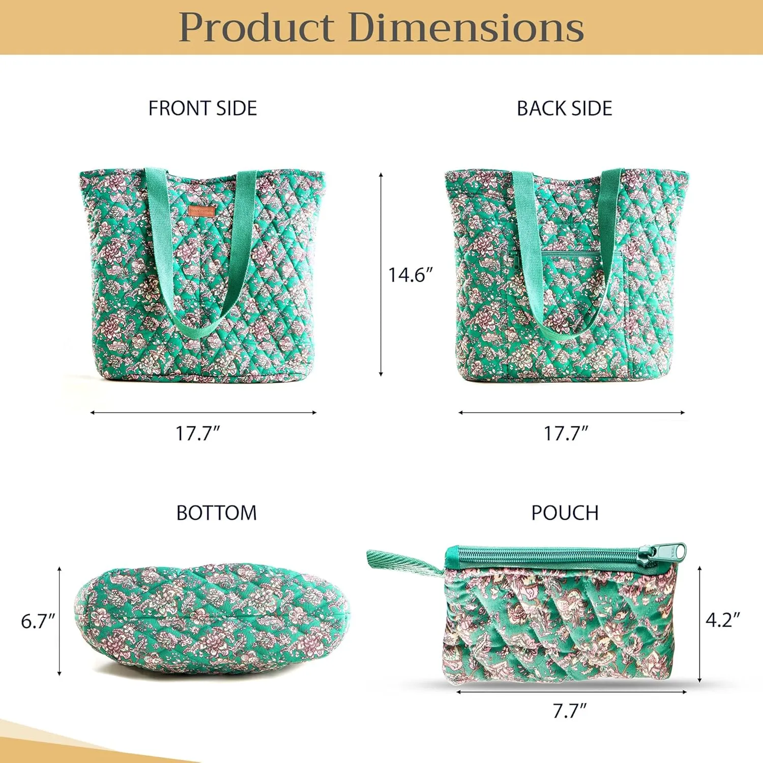 Maison d' Hermine Shopping Bag Cotton Quilted Tote Bag with Zipper Pockets & Small Pouch Grocery Bag for Work Travel Lunch