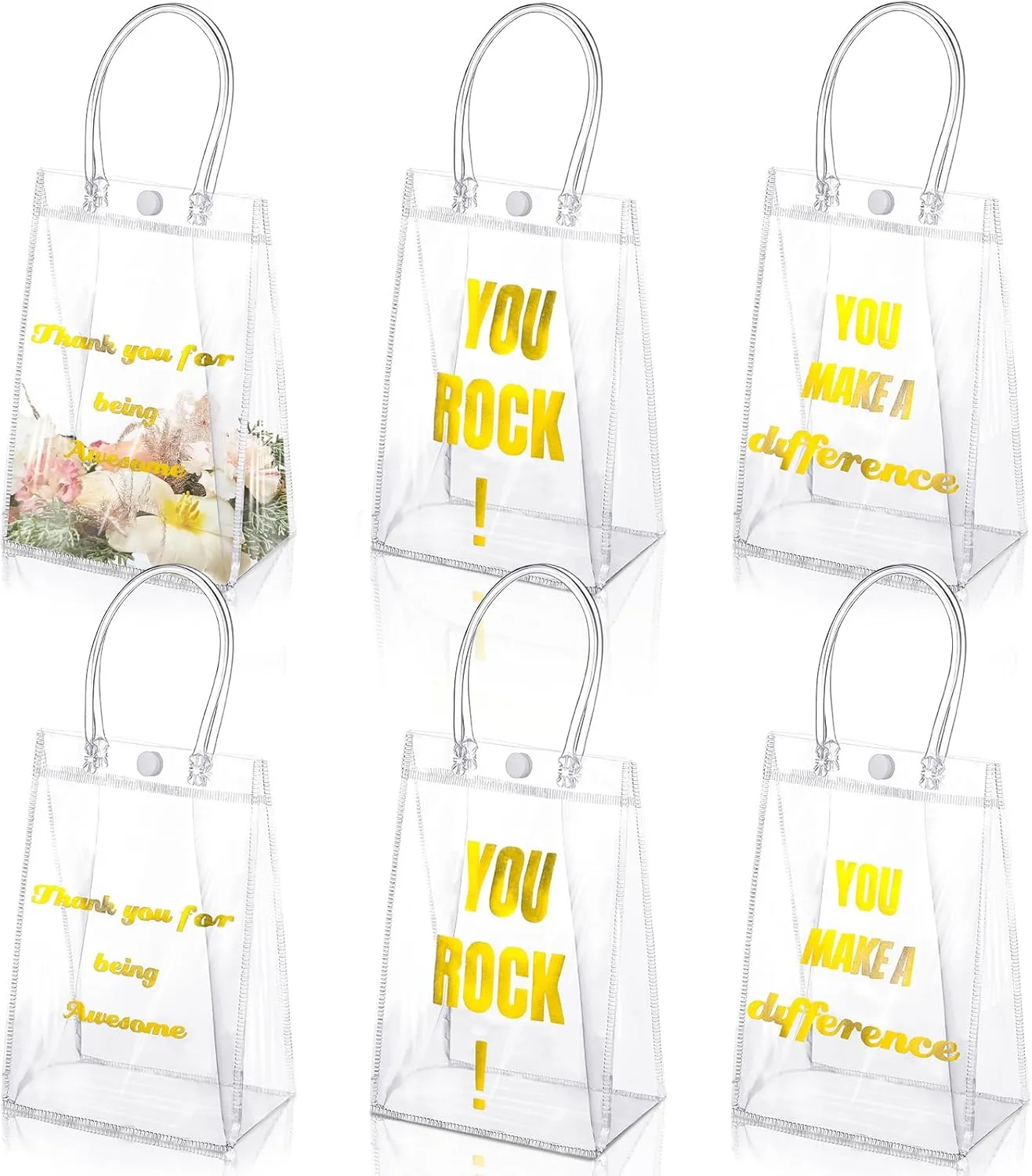 Maitys 21 Pcs Clear Employee Appreciation Gift Bags with Handle 5.12 x 7.48 Inches Small PVC Tote Bags Reusable Clear Party Favor Bags Transparent Gift Wrap Bags Goody Bag Appreciation Bags, 3 Styles