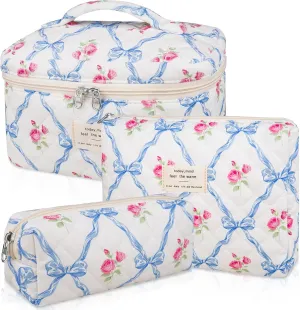 Makeup Bag Set, Quilted Makeup Bag, Large Floral Cosmetic Bag for Women, Cute Cotton Makeup Bags, Flower Travel Toiletry Organizer Bag (Blue Flower)