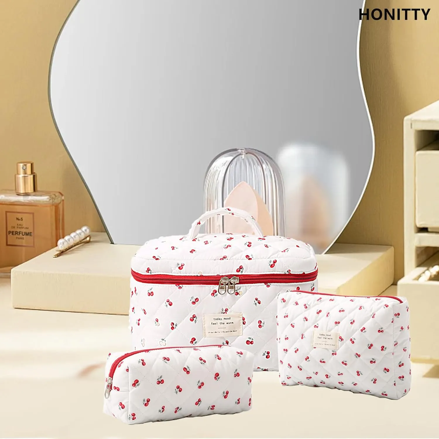 Makeup Bag,Quilted Cosmetic Bags,Large Floral Make Up Organize bag,Makeup Bag Set for Women,Flower Travel Toiletry Bag