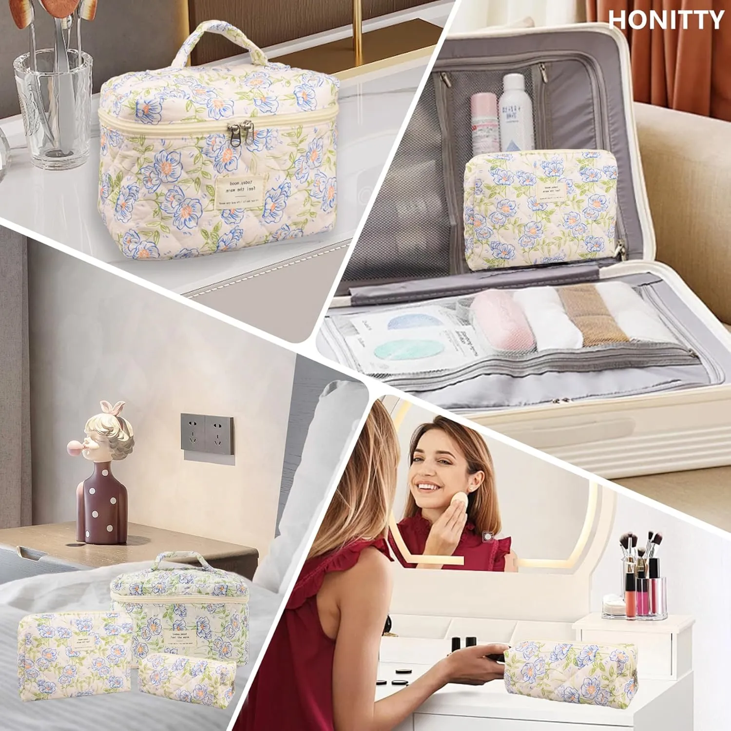 Makeup Bag,Quilted Cosmetic Bags,Large Floral Make Up Organize bag,Makeup Bag Set for Women,Flower Travel Toiletry Bag