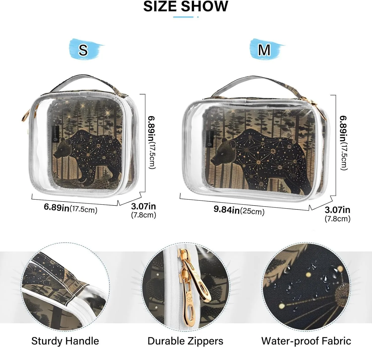 MNSRUU Clear Makeup Bags Bear Toiletry Bag for Women 2 PCS Waterproof Clear Bags Clear Travel Toiletry Bag Small Cosmetic Makeup Bag, Carry on Airport Airline Compliant Bag