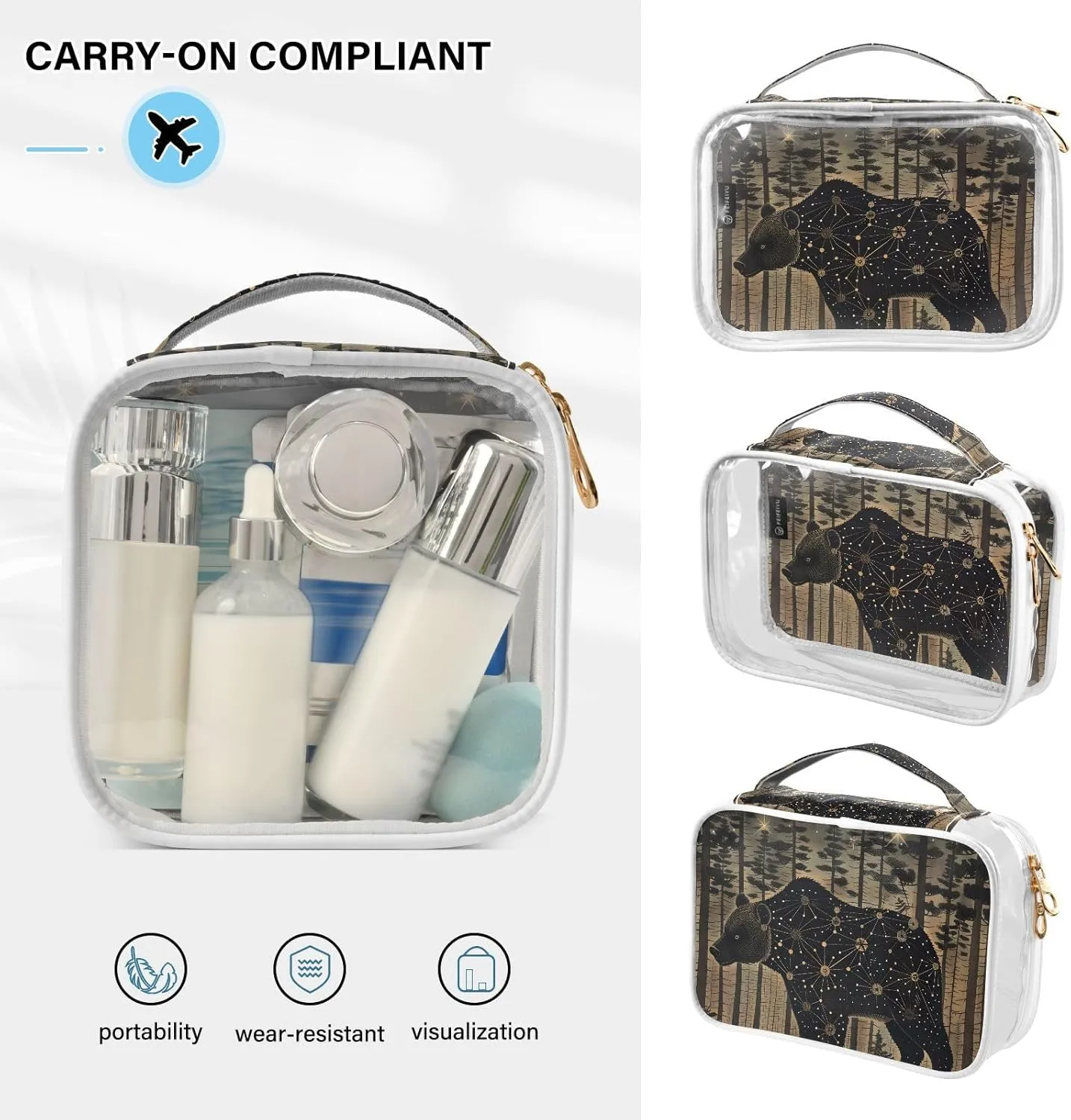 MNSRUU Clear Makeup Bags Bear Toiletry Bag for Women 2 PCS Waterproof Clear Bags Clear Travel Toiletry Bag Small Cosmetic Makeup Bag, Carry on Airport Airline Compliant Bag