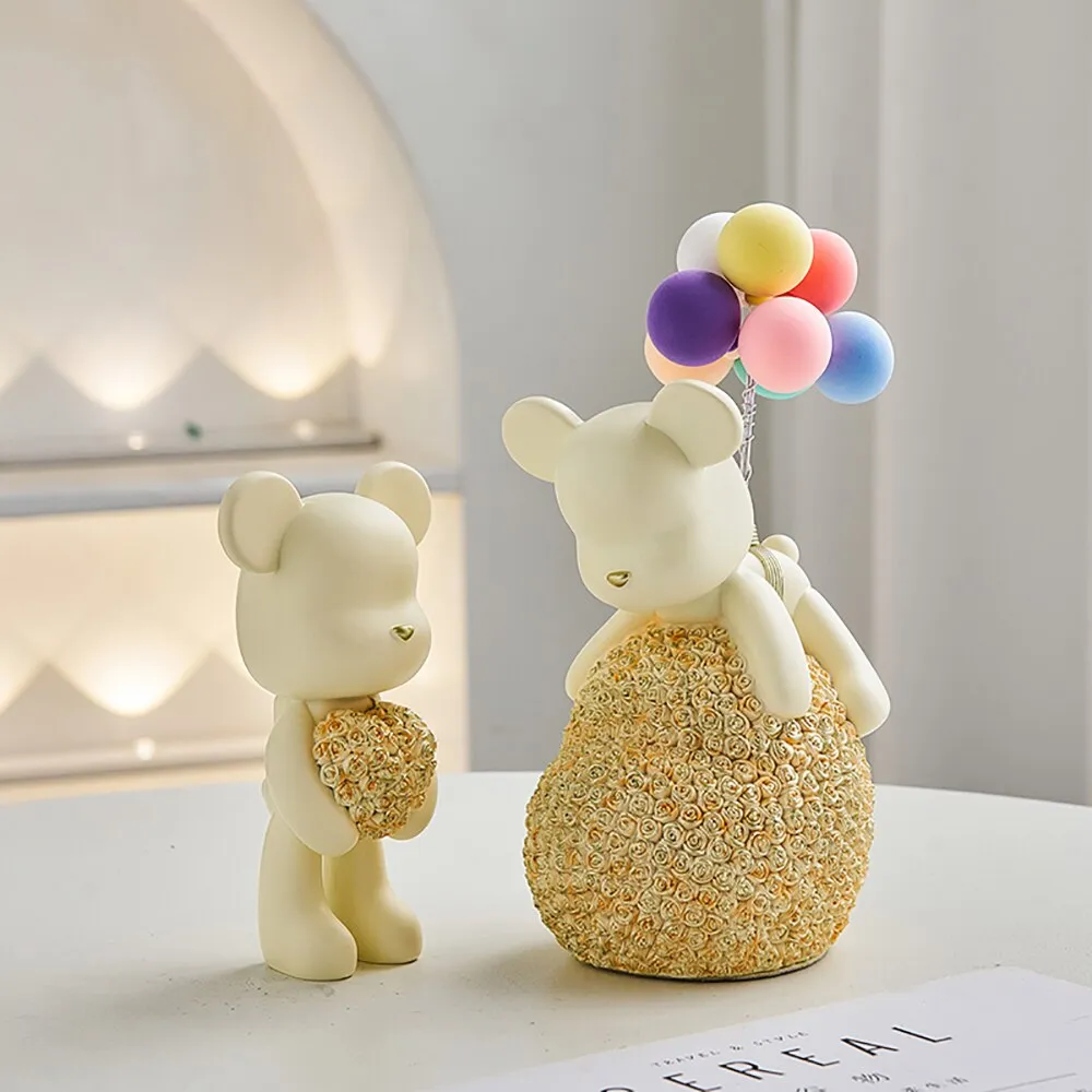 Modern Style Nordic Home Kawaii Balloon Bear Figurines Resin Ornament Office Desk Sculpture Accessories Living Room Statue Decor