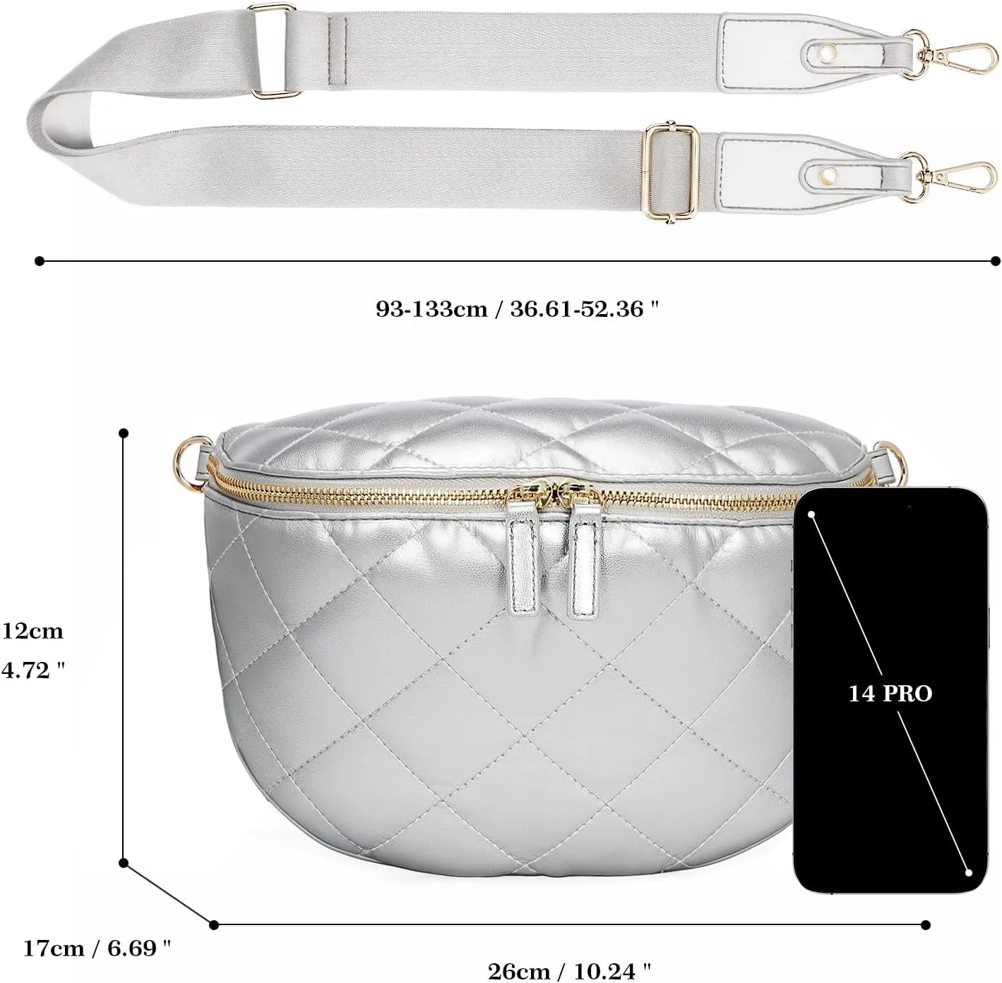 molshine Women's Quilted Crossbody Bum Bags, Trendy Puffer Belt Sling Bag Shoulder Bag Waist Pack Chest Bag Fanny Pack Purse (Silver)
