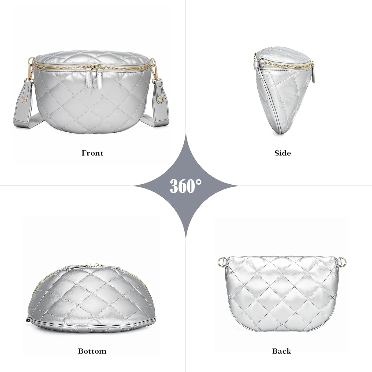 molshine Women's Quilted Crossbody Bum Bags, Trendy Puffer Belt Sling Bag Shoulder Bag Waist Pack Chest Bag Fanny Pack Purse (Silver)