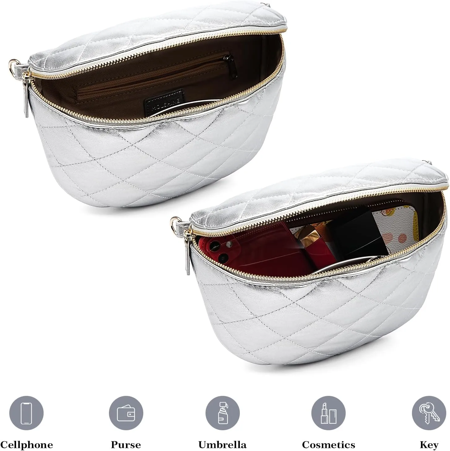 molshine Women's Quilted Crossbody Bum Bags, Trendy Puffer Belt Sling Bag Shoulder Bag Waist Pack Chest Bag Fanny Pack Purse (Silver)