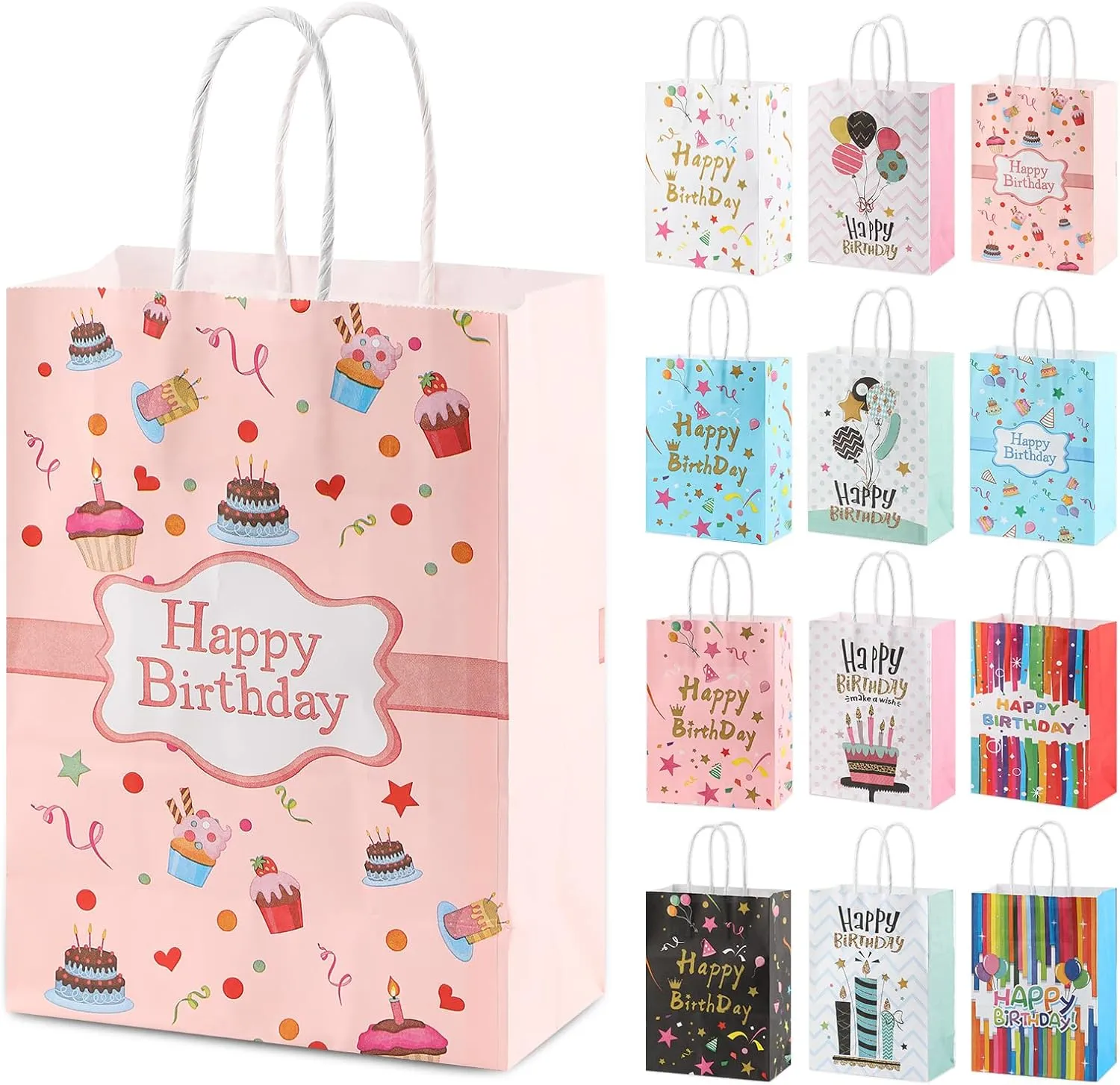 Motroce 36 PCS Happy Birthday Gift Bags with Handle, Colorful Happy Birthday Paper Bags, Reusable Party Favor Bags Birthday Goodie Bags for Birthday Party Gifts(12 Style)