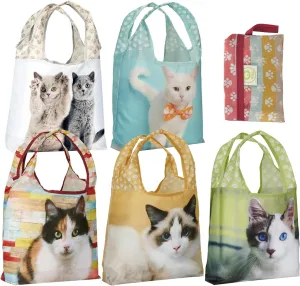 O-WITZ Reusable Grocery Bags | Vibrant Tote Bag For Groceries, Gym, Beach Gear, Toys & More | Washable Design With Large Handles For Maximum Convenience | Folds Into A Small Pouch, 5 Pack,Cats