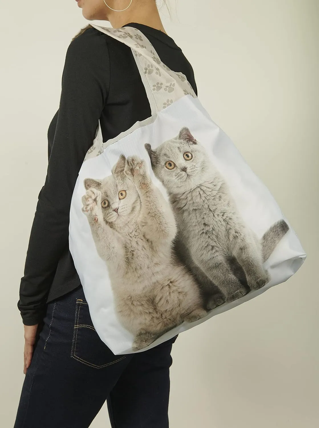 O-WITZ Reusable Grocery Bags | Vibrant Tote Bag For Groceries, Gym, Beach Gear, Toys & More | Washable Design With Large Handles For Maximum Convenience | Folds Into A Small Pouch, 5 Pack,Cats