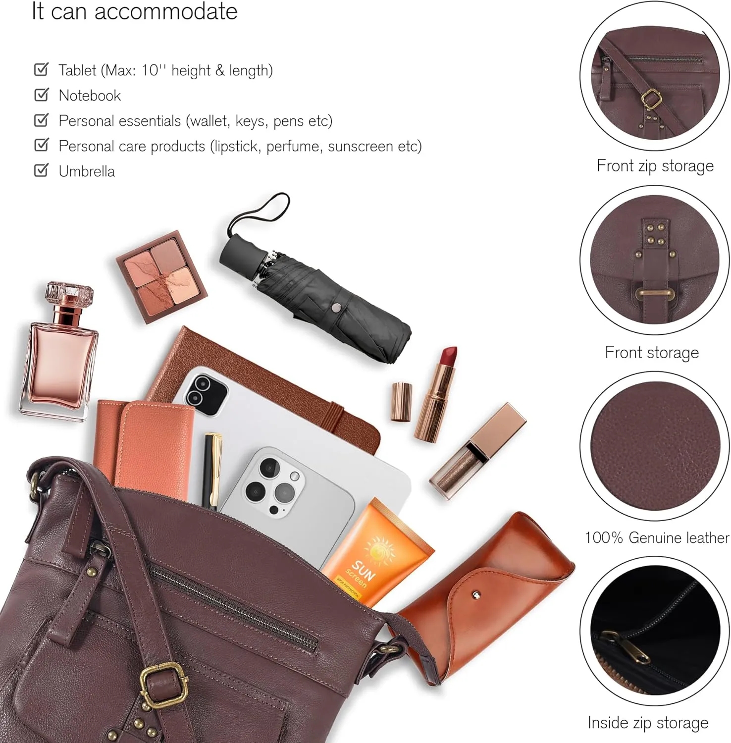 Oak Leathers Leather Crossbody Bag For Women With Adjustable Sling Strap - Medium Size Crossover Shoulder Handbag Purse